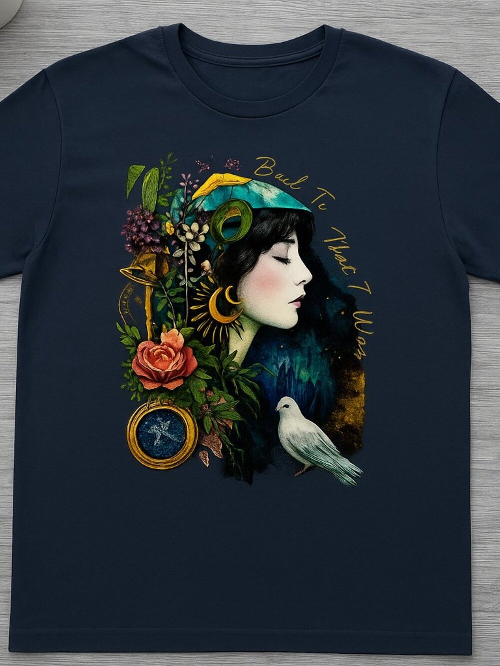 Bohemian Woman Portrait Floral Collage Graphic Tee Navy Artistic